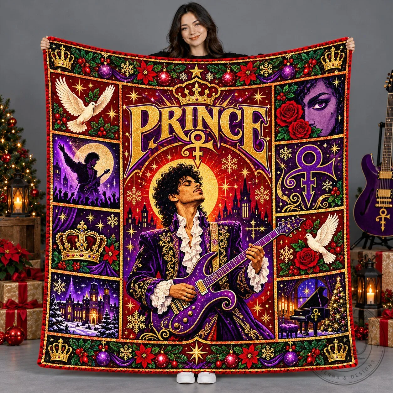 Prince Purple Rain Guitar and Crown Symbol Fleece Blanket for Music Fans