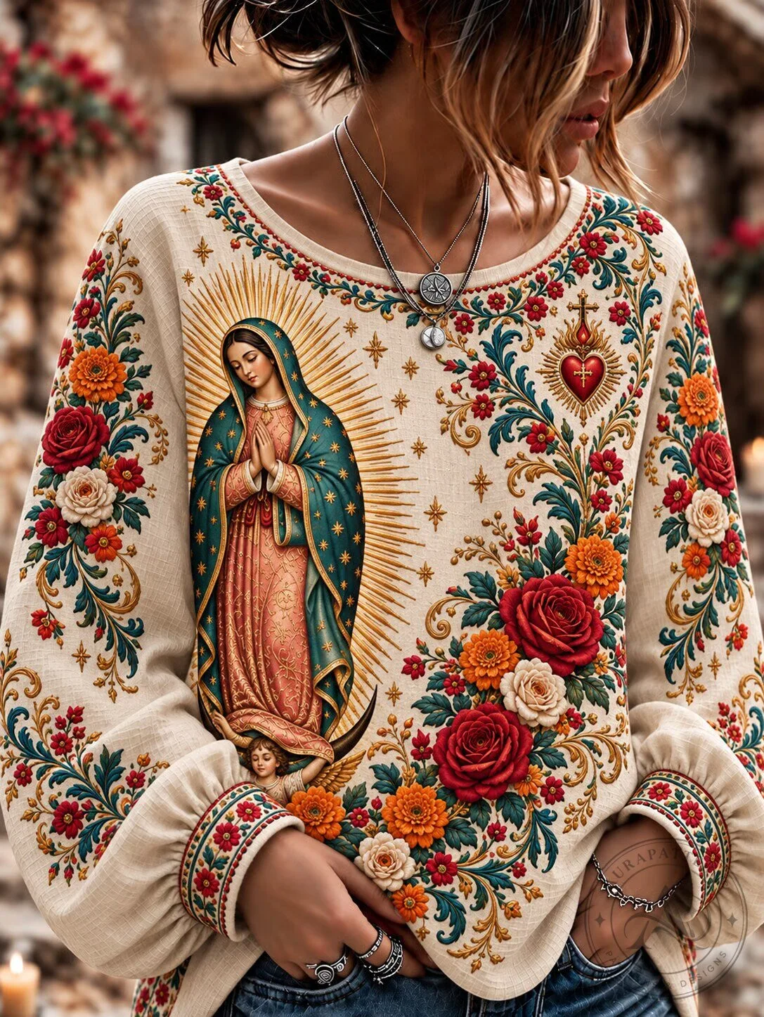Our Lady of Guadalupe Floral Print Long Sleeve Top