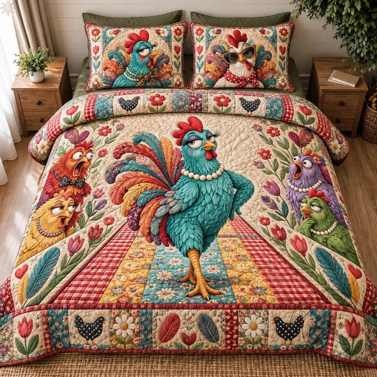 Sassy Chicken Queen Quilted Bedding Set