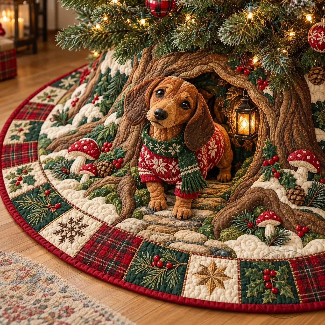 Dachshund Snuggles Quilted Christmas Tree Skirt Holiday Decor