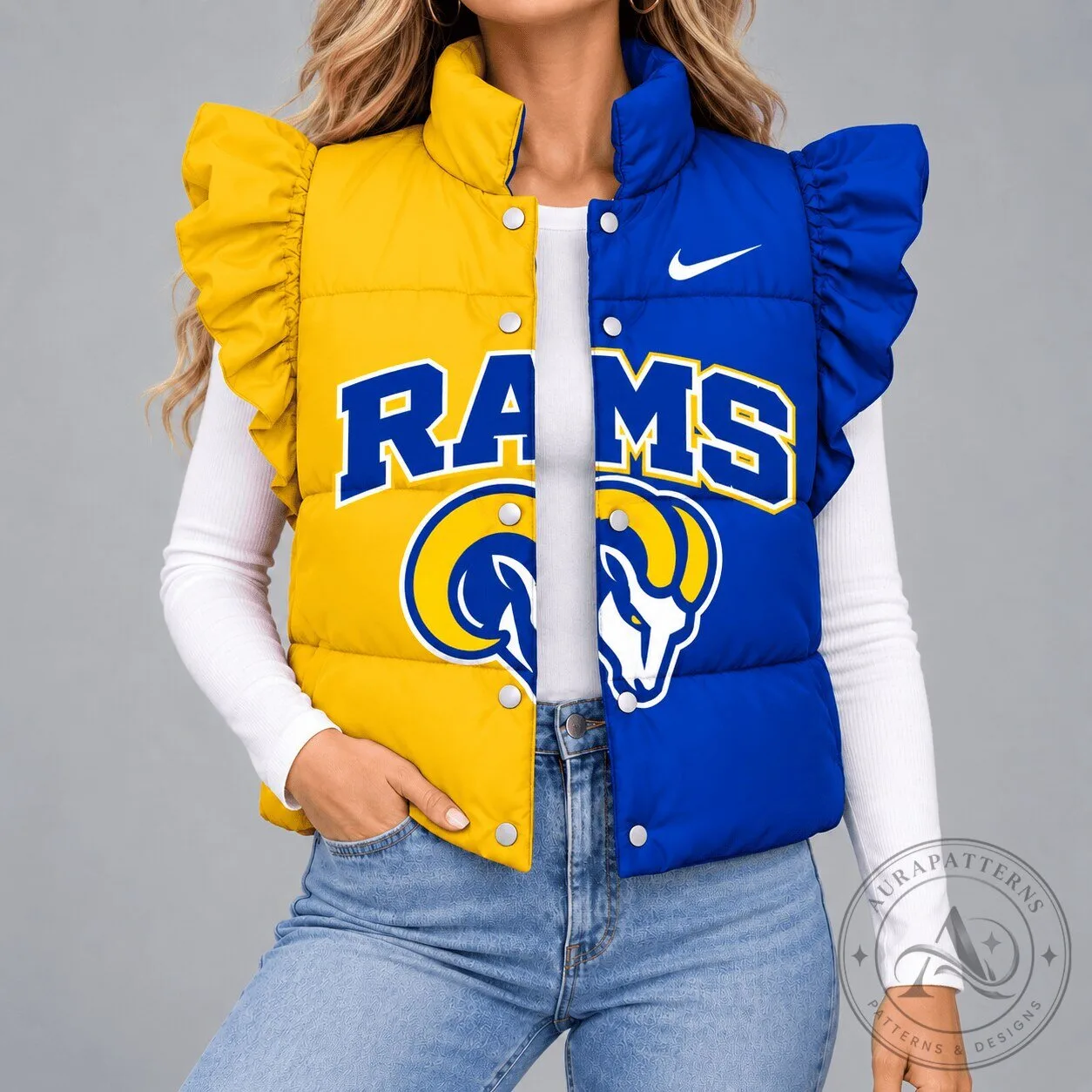 Los Angeles Rams Women's Split Color Ruffle Sleeve Quilted Puffer Vest