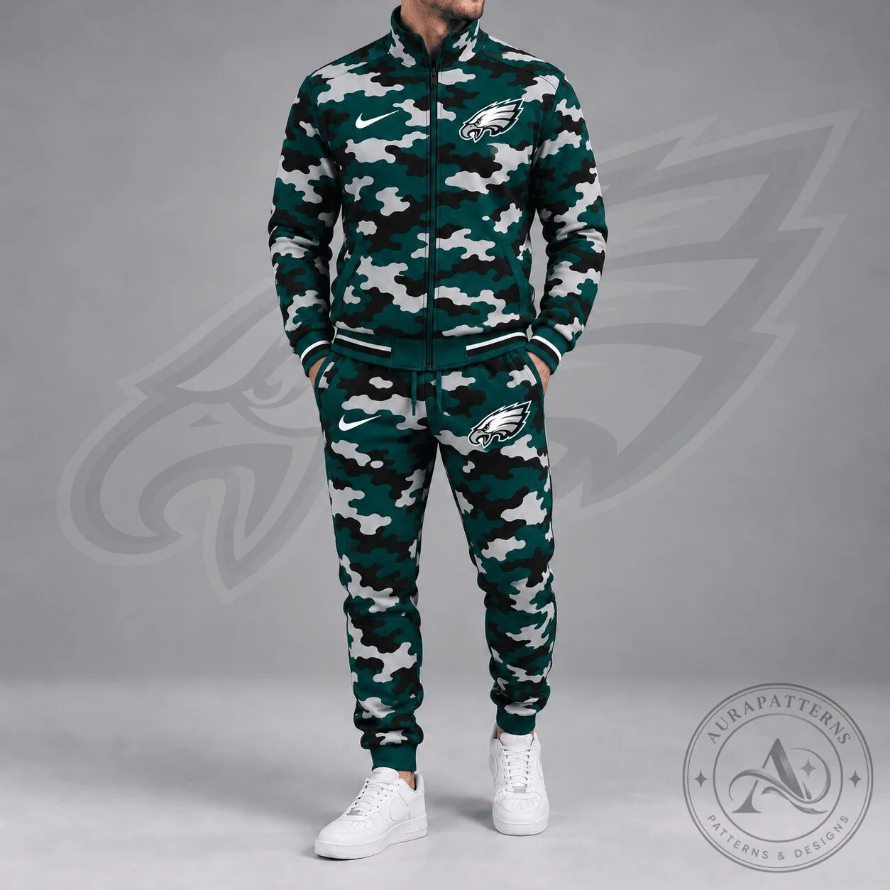 Philadelphia Eagles NFL Camouflage Print Stand Collar Zip Up Jacket