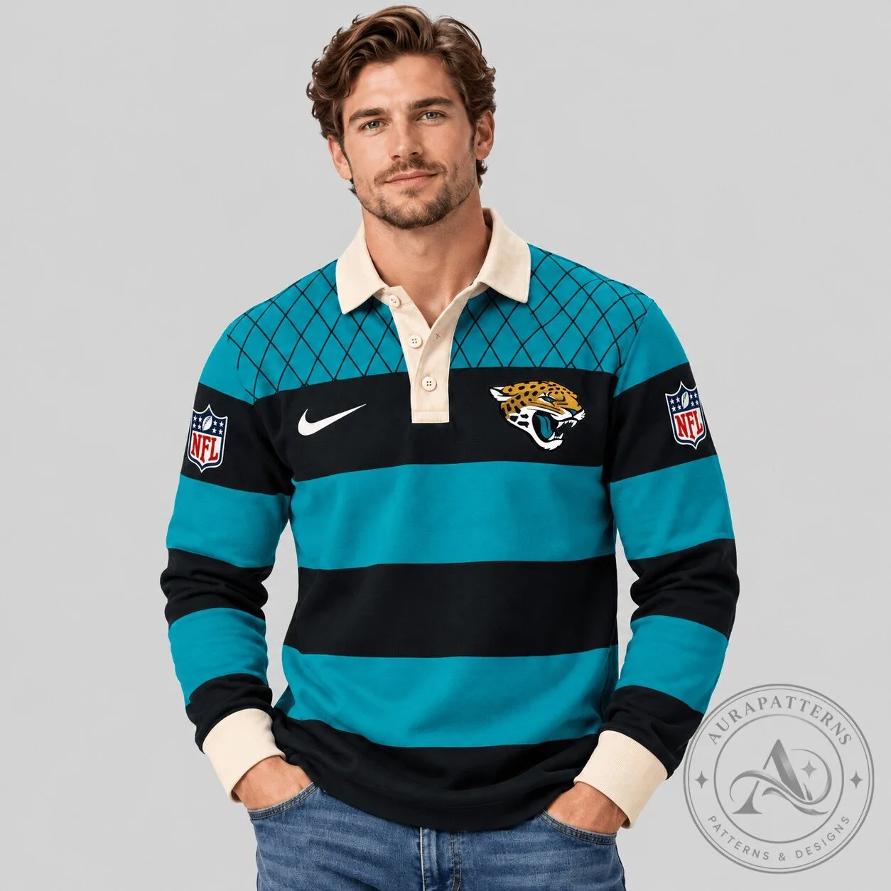 Jacksonville Jaguars NFL Striped Rugby Long Sleeve Polo Shirt