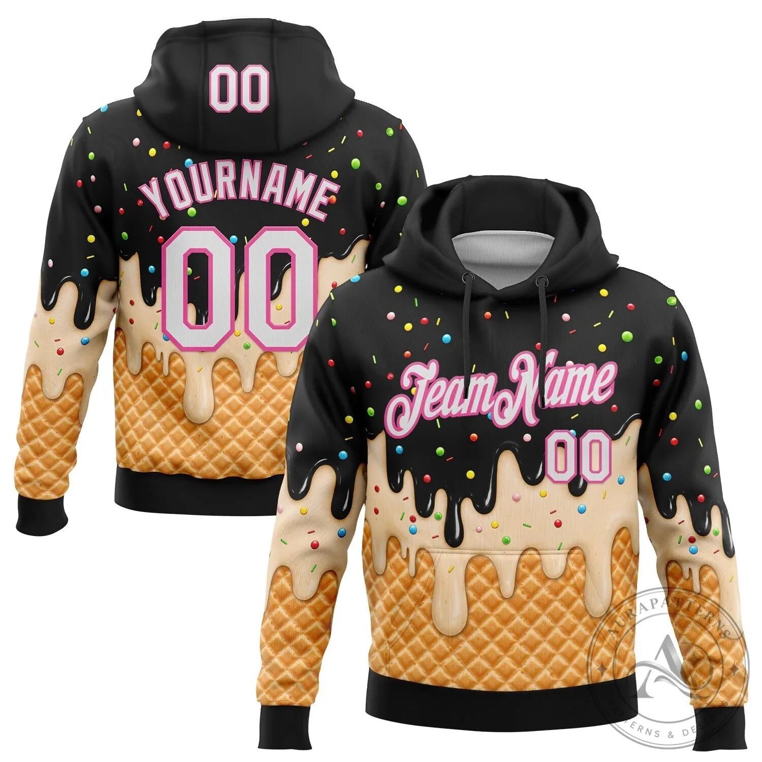 Ice Cream Waffle Cone Drip Pattern Custom Name Number Hoodie