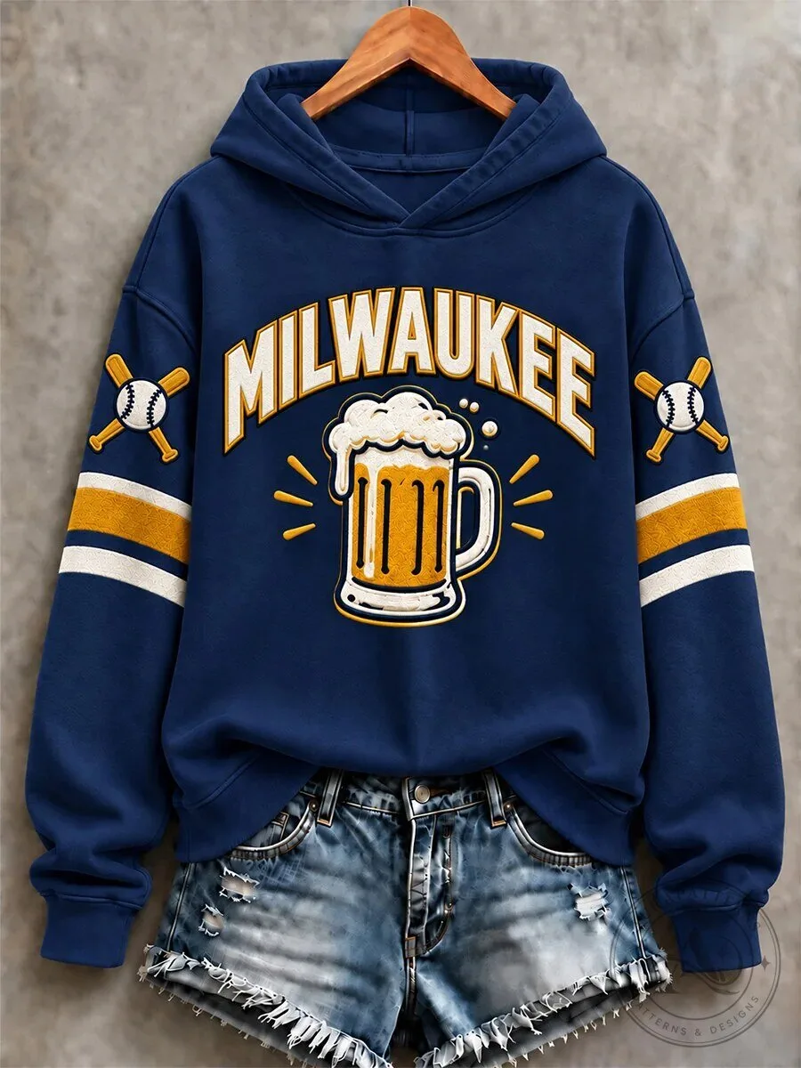 Milwaukee Baseball Beer Mug Design Women's Blue Hoodie with Striped Sleeves