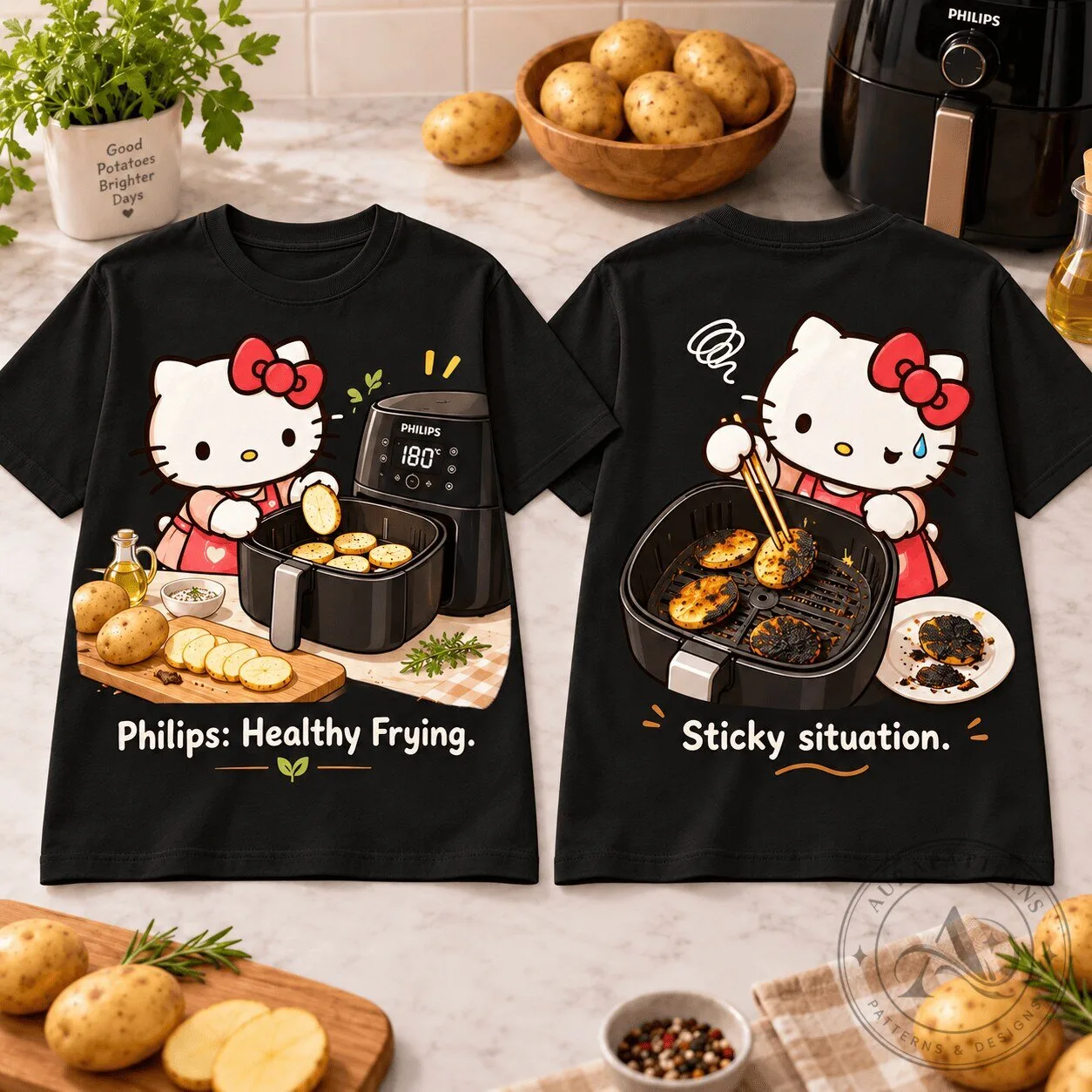 Hello Kitty Philips Air Fryer Burnt Potato Cooking Disaster Funny Black T-Shirt