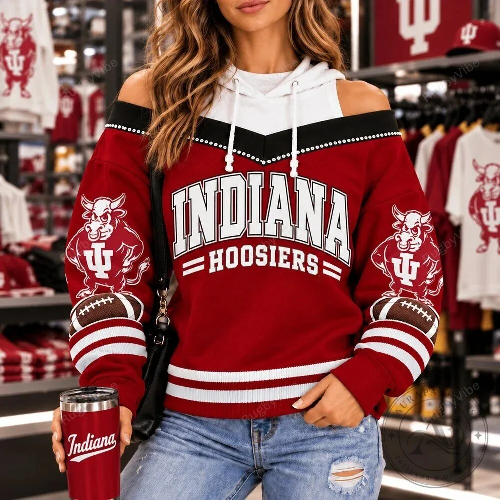 Indiana Hoosiers Football Team Red Off Shoulder Hoodie