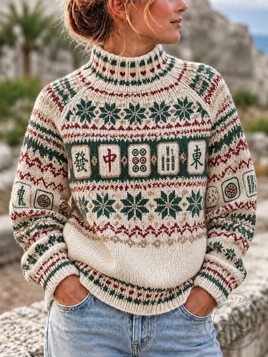 Women's Christmas Mahjong Tile Pattern Knit Fair Isle Turtleneck Sweater