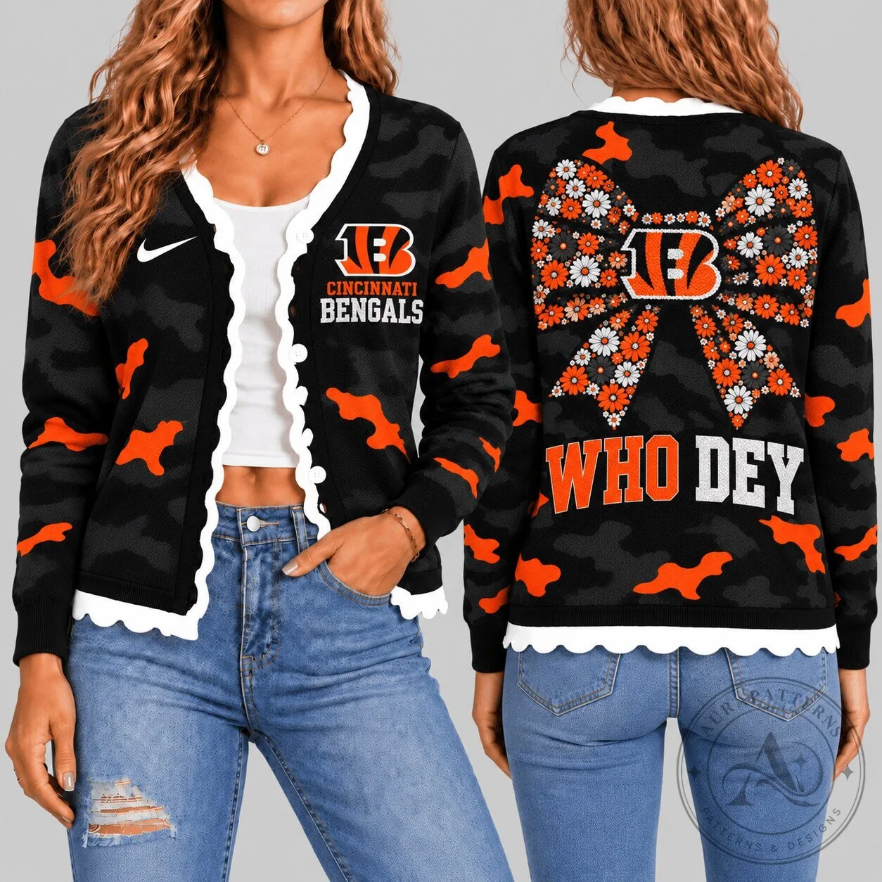 Cincinnati Bengals Black Camouflage Floral Bow Knit Cardigan Sweater