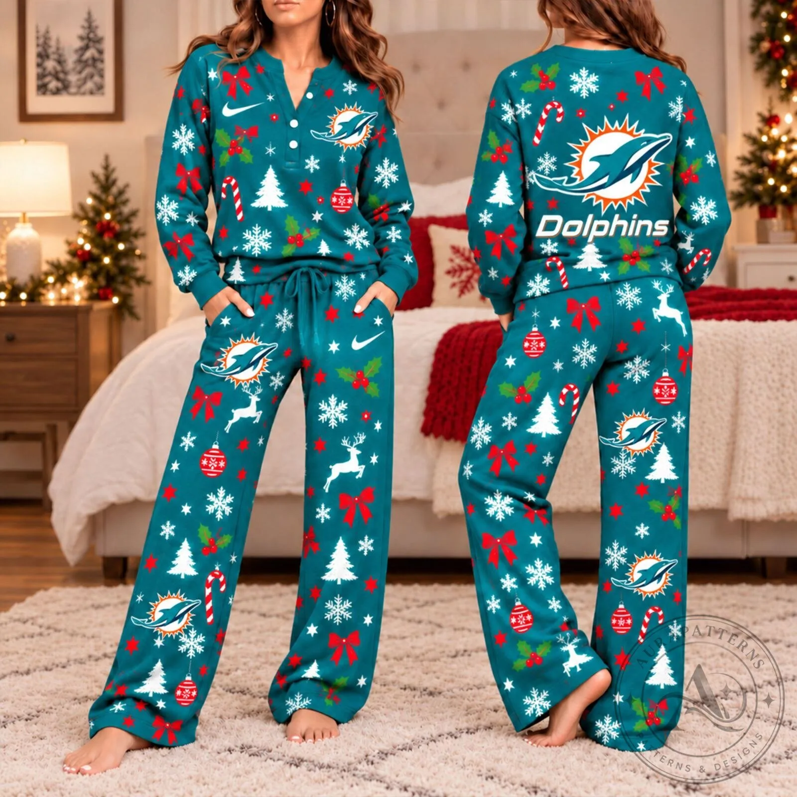 Miami Dolphins NFL Christmas Game Day Pajamas Set for Women