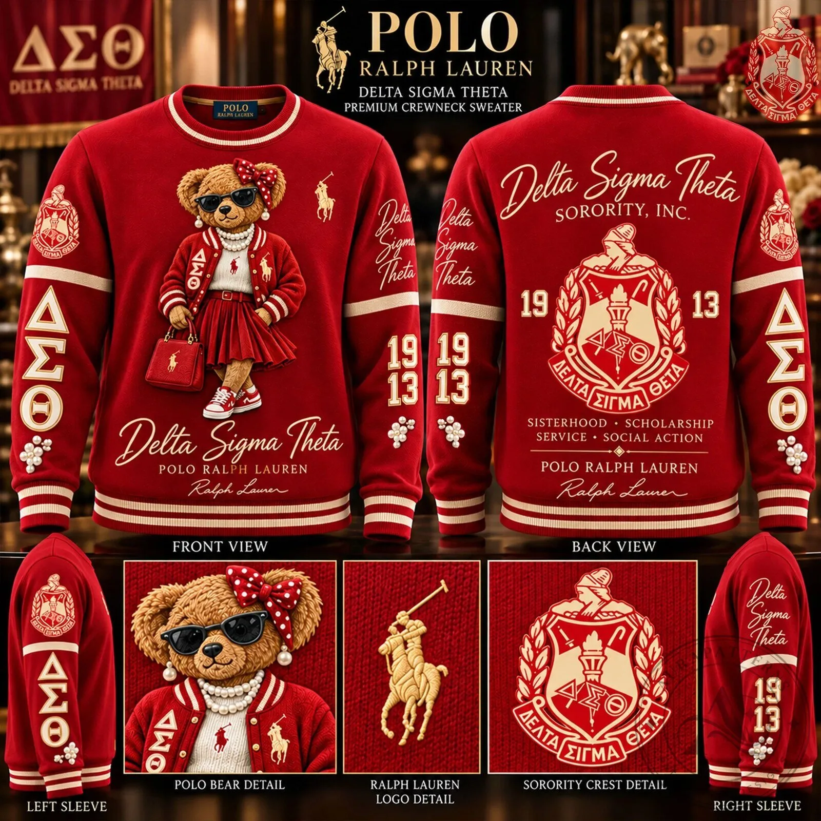 Delta Sigma Theta Sorority Inc. Polo Ralph Lauren Bear Red Crewneck Sweatshirt